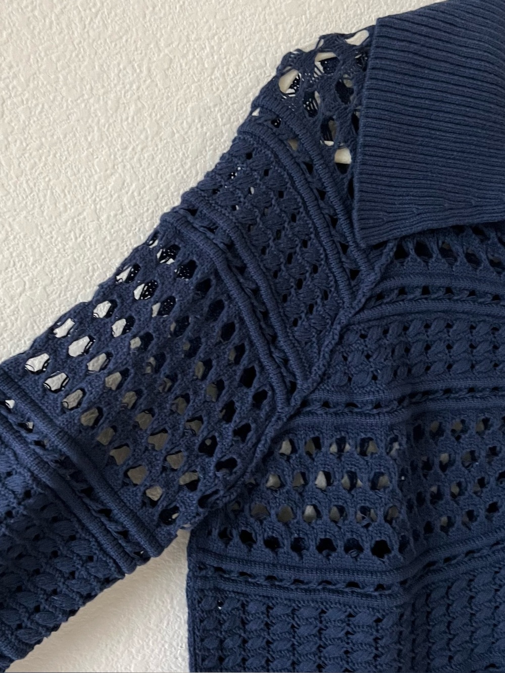 Sundance Crochet Open Knit Polo Top Navy Blue Relaxed Slouchy Sheer Medium - Picture 6 of 15